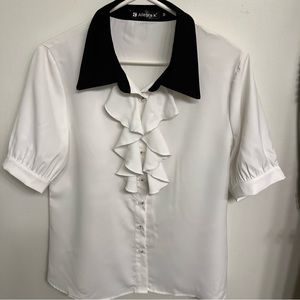 White Blouse with Ruffle Neck and Black Collar